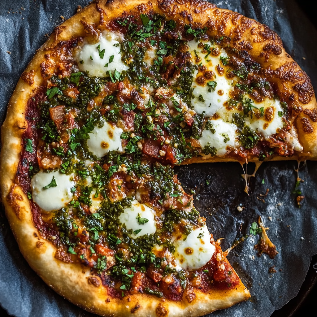 Brazilian Pizza with Roasted Red Pepper Chimichurri Sauce